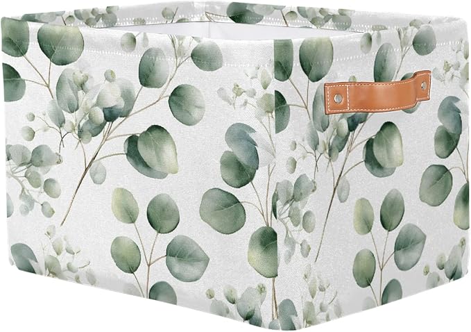 Eucalyptus Leaves Storage Basket for Shelves, Storage Bins with Handles, Collapsible Basket for Organizing, Closet Toy Baskets for Nursery Room, 15x11x9.5 in, Canvas, Sage Green