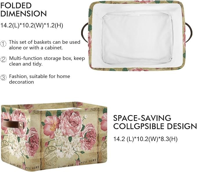 ALAZA Vintage Shabby Chic Rose Floral Foldable Storage Box Storage Basket Organizer Bins with Handles for Shelf Closet Living Room Bedroom Home Office 1 Pack