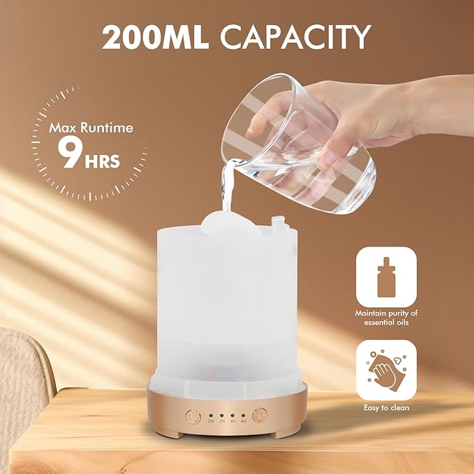 Glass Essential Oil Diffuser 200ml-Ultrasonic Aroma Diffuser with Glass Dome, Aromatherapy Diffuser with 4 Timers 7 Color LED Lights Auto Shut-Off Protection for Home Office Yoga Gift