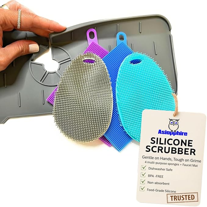 Asiopphire Faucet Mat for Sink - Silicone Scrubber Dish Set, Splash Guard, Food Grade BPA Free Kitchen Scrubber