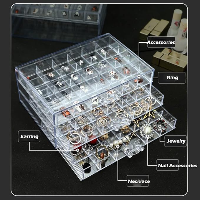 Earring Storage Box Organizer 3 Drawers Acrylic Jewelry Storage Box Holder Transparent Jewelry Display Stand with 72 Small Compartments Gift for Women Girls (Clear)