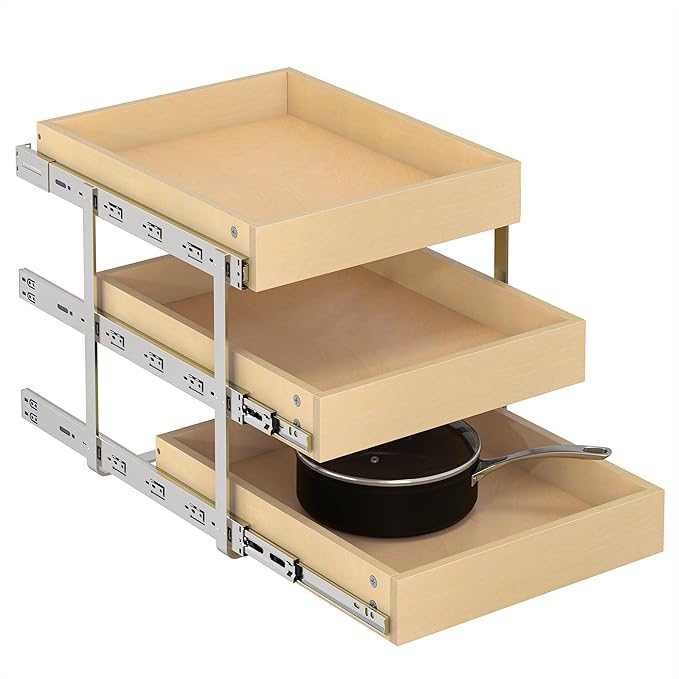 WelFurGeer 3-Tier Pull Out Cabinet Organizer with Soft Close, Heavy-Duty Slide Out Drawers for Cabinets, Pull Out Drawers for Cabinets, Bottom Mount Shelves for Kitchen, Pantry, Bathroom