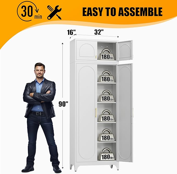 Metal Storage Cabinet with Doors, 90" Tall Kitchen Pantry Storage Cabinets with Adjustable Shelves, White Pantry Closet, Steel Large Cupboard, High Leveling Feet- Assembly Required