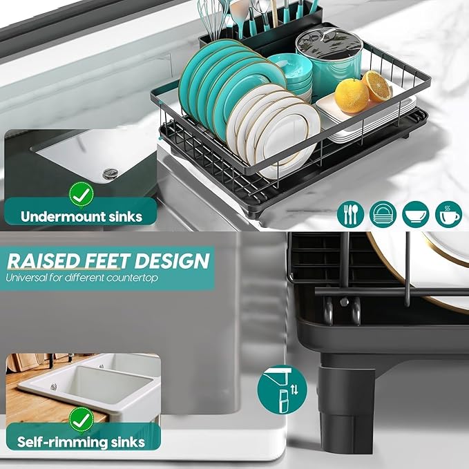 MERRYBOX Dish Drying Rack Large Capacity 2 Tier Dish Drying Rack Multifunctional Rustproof Dish Racks for Kitchen Counter with Large Utensil Holder, Cup Holder, Black