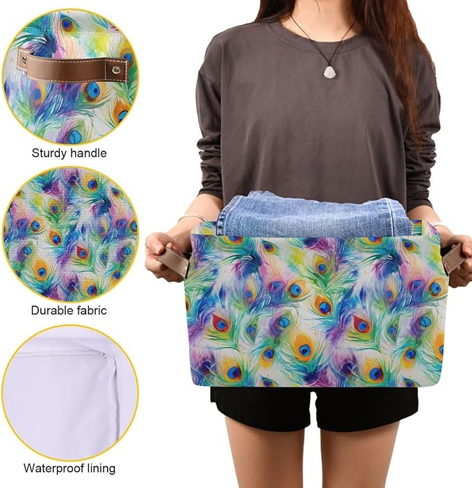 ALAZA Peacock Watercolor Foldable Storage Box Storage Basket Organizer Bins with Handles for Shelf Closet Living Room Bedroom Home Office 1 Pack