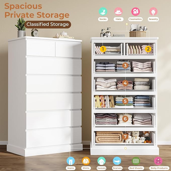 DICTAC White Tall Dresser for Bedroom with 7 Drawers, 51.8" Tall Dressers & Chests of Drawers, Modern Wood Closet Organizer and Storage Cabinet, Large Vertical Dresser for Bedroom, Closet, Hallway