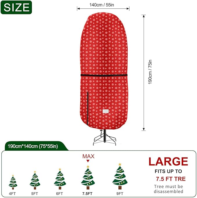 Upright Christmas Tree Storage Bag,Tear Resistant Adjustable 7.5 FT Xmas Tree Storage Cover for Assembled Tree with Ornaments,Christmas Tree Cover Waterproof -Snow Printing Red