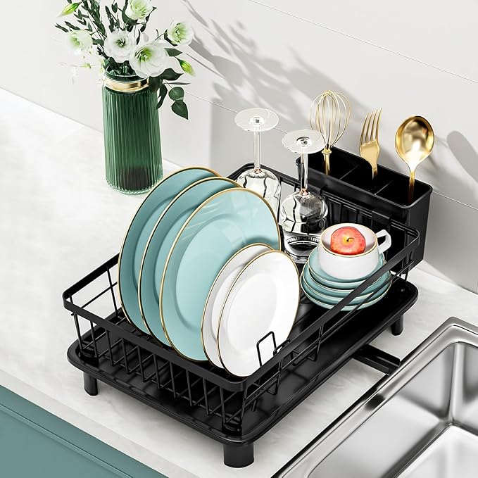 BULIJUJU Small Dish Drying Rack, Space Saving Dish Racks for Kitchen Counter, Kitchen Organizer Dish Drainer with Cutlery Holder for Spoons and Forks, 11''W x 15''L, Black