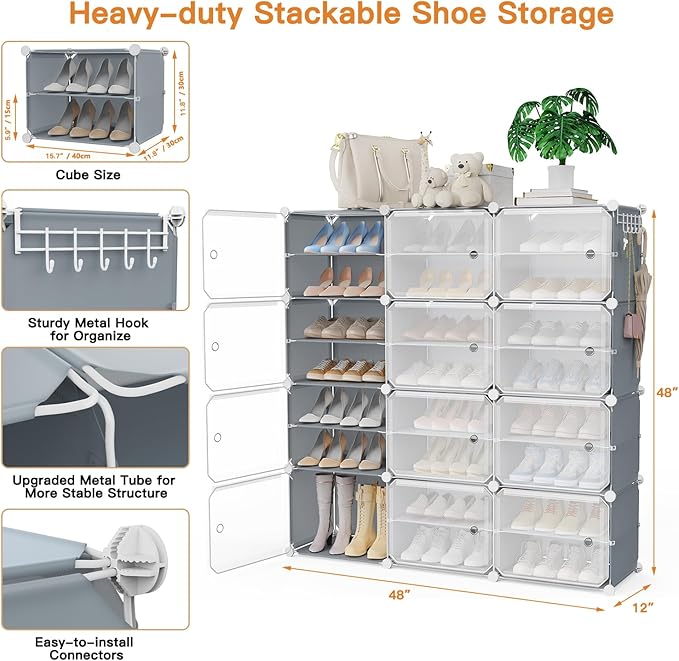 Portable Shoe Rack Organizer with Covers 48-Pair Shoe Storage Cabinet with Doors Stackable Shoes Rack Shoe Organizer for Closet Entryway FreeStanding Closed Shoe Rack Shoe Storage Shelf Cabinet