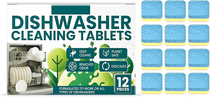 Dishwasher Cleaning Tablets, Deep Clean & Odor Removal, Works on All Types of Dishwashers, 12 Tablets