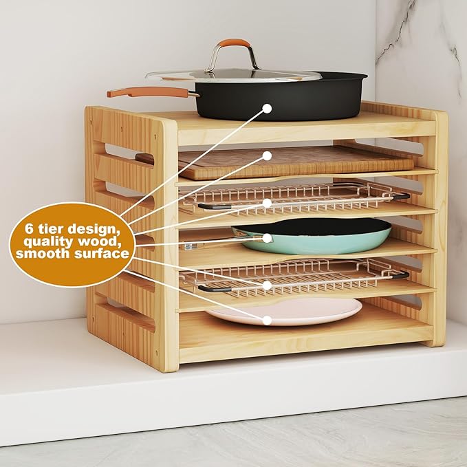 bimiti Wooden Cabinet Tray Dividers, 6 Tier Vertical Tray Divider Organizer for Pot Pans Baking Tray Cutting Board, Kitchen Cabinet Storage Organizer