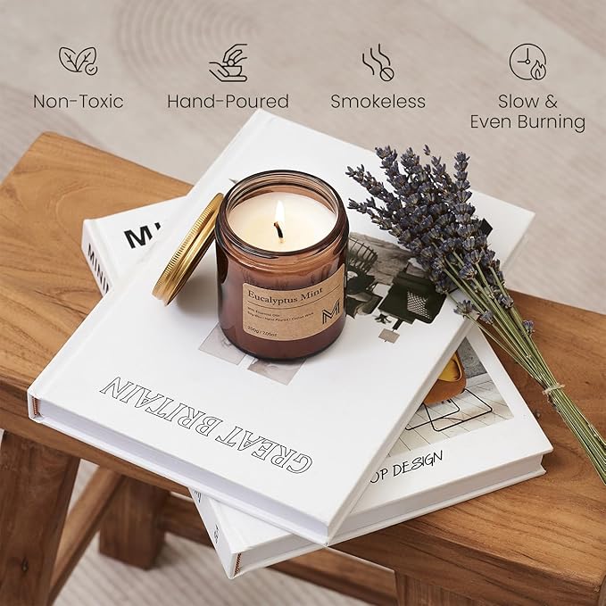 M&SENSE EucalyptusMint Scented Christmas Candle Gift, Aromatherapy Candle Set for Women, Soy Wax Candles Home Scented, Long Lasting Amber Jar Candles Gift for Christmas, Thanksgiving, Holiday