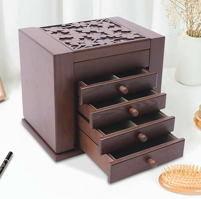 5-Layer Large Jewelry Box Organizer with Mirror and 4 Drawers, Soft Velvet Lining, Wooden Jewelry Boxes & Organizers,Jewelry Storage for Rings Earrings Necklaces Bracelets Christmas New Year Gift