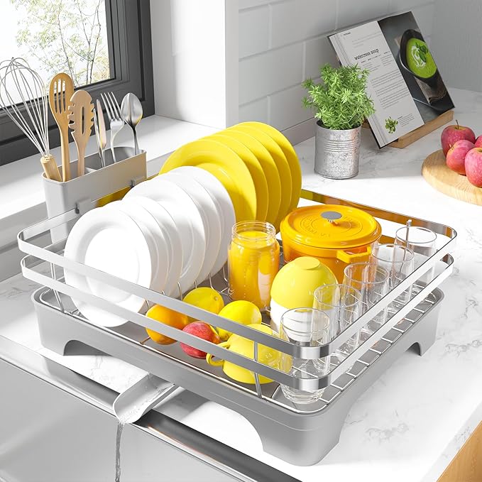 Kitsure Dish Drying Rack - Multi-Functional Dish Rack for Kitchen Counter with Cutlery Holder, Rust-Proof Storage Solution with Rotatable, 15.7" x 12.0" x 5.5", Sliver Grey