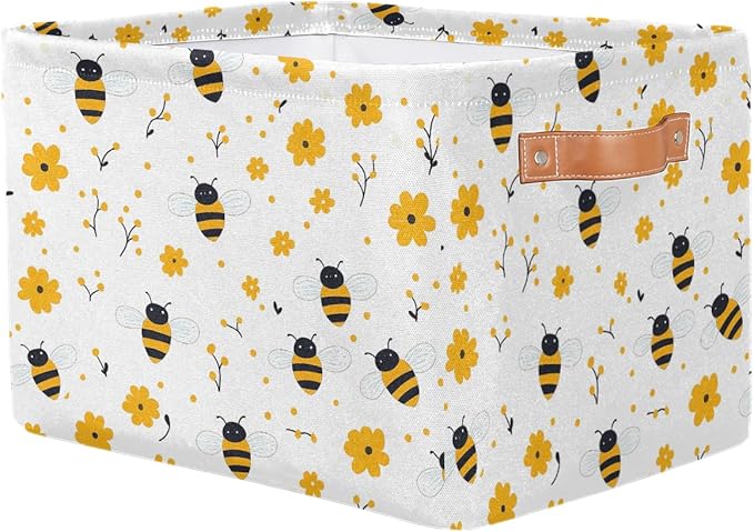 Bee Storage Basket for Shelves, Storage Bins with Handles, Collapsible Basket for Organizing, Closet Toy Baskets for Nursery Room, 15x11x9.5 in, Canvas, Yellow Bee