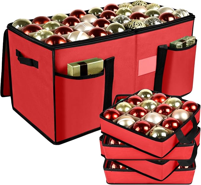 Christmas Ornament Storage Box with Dividers, Christmas Balls Storage Containers with Zipper & 8 Removable Trays, Holds Up to 128 Balls - 600D Oxford Christmas Decoration Storage Organizer (Red)