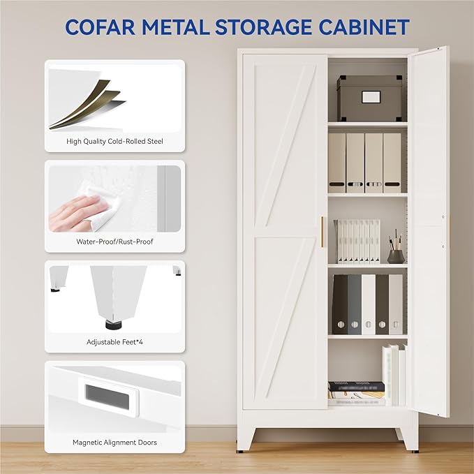 COFaR 71'' Tall Metal Pantry Cabinet, Kitchen Storage Cabinet with Doors and Shelves, Freestanding Farmhouse Food Cupboard for Kitchen Dinning Room Garage, White 5-Tier