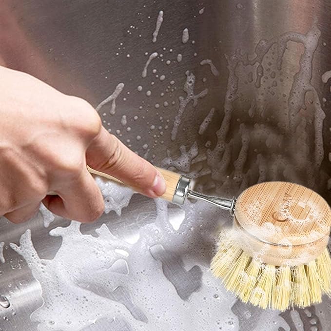 Bamboo Dish Brush with Handle 4 Replacement Heads, Eco-Friendly Potato Scrubber Brush, Compostable & Sustainable, Bamboo Dish Scrubber for Cleaning Kitchen Utensils(Soft Bristles)