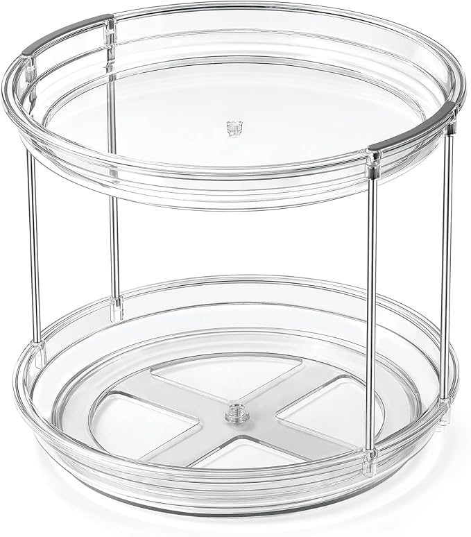LazySpin 2 Tier Lazy Susan Organizer, 9.25'' Lazy Susan Turntable for Cabinet, Stackable Turntable Organizer Rotating Spice Rack Organization for Kitchen Countertop, Pantry, Bathroom, Clear