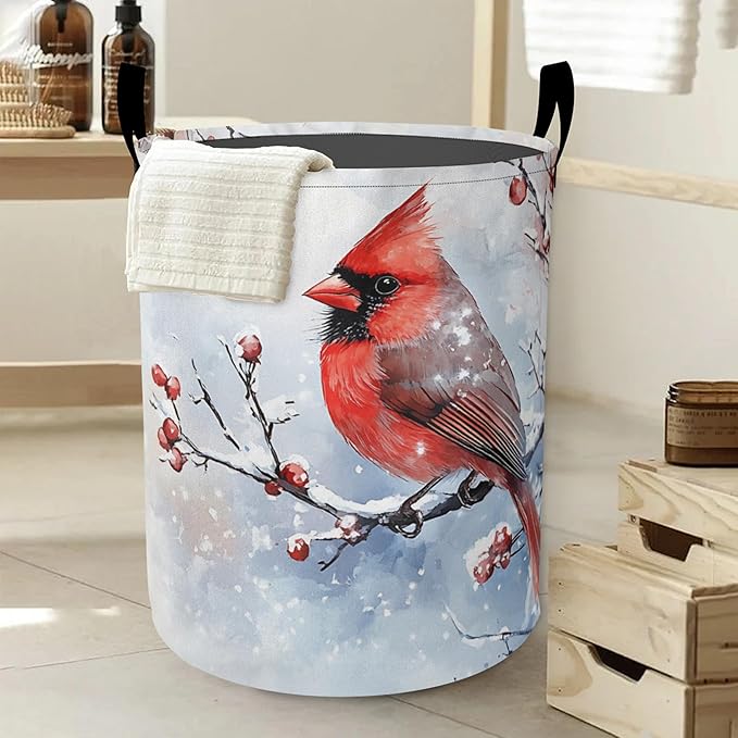 Cardinal BirdLaundry Basket,Winter Flowers Large Canvas Fabric Lightweight Storage Hamper Organizer Dirty Clothes Collapsible Waterproof for College Dorms,Bathroom
