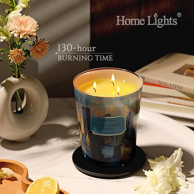 HomeLights Scented Candles | Large Jar 34 Oz Natural Soy Candle | 130 hrs Long-Lasting with 3 Wicks | Industrial Chic Home Decor | Gifts for Mom & Women, High Summer Night