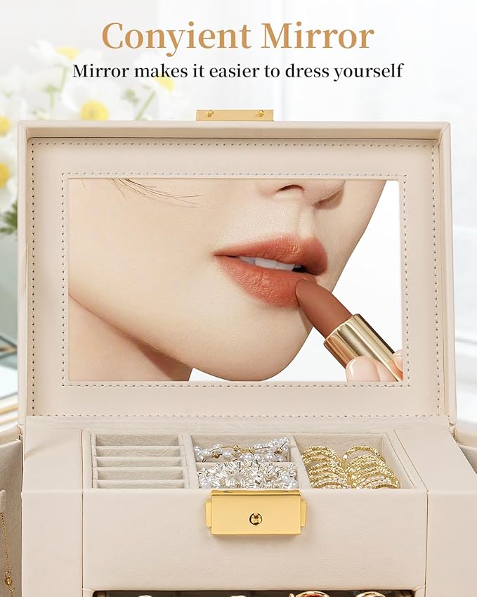 TORIBIO Jewelry Box for Women, Leather Jewelry Organizer with Mirror & Lock, 3-Tier Jewelry Storage Organizer with 2 Drawers for Girls/Women/Mothers, Necklace Earring Bracelets Holder Organizer