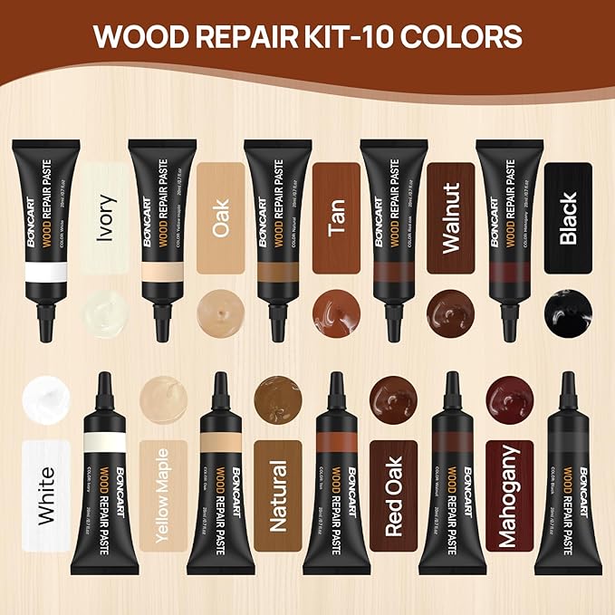 Boncart Wood Furniture Repair Kit, Wood Touch up Fillers, Repair Scratches, Cracks, Paint Chips, and Nail Holes on Furniture, Floors, Doors, Cabinets, and Tables (10 Colors)