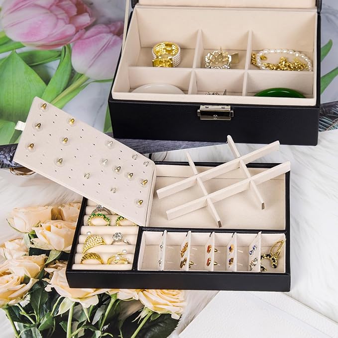 SYCARON Jewelry Box Organizer for Women, Jewelry Organizers 2 Layer Jewelry Storage Box PU Leather with Lock for Women Girls Rings Earrings Necklace Bracelets, Black
