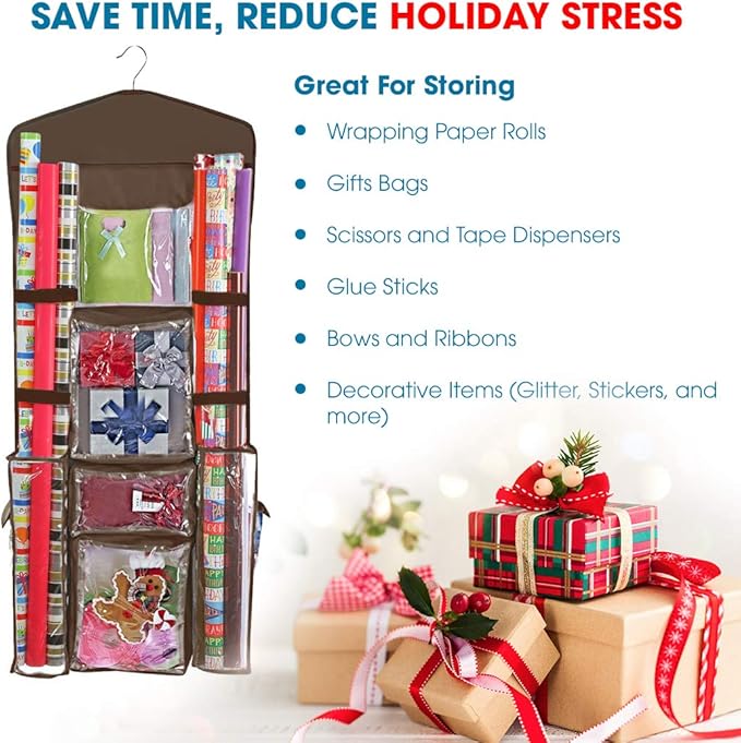 ProPik Hanging Double Sided Wrapping Paper Storage Organizer with Multiple Pockets, Organize your Gift Wrap, Gift Bags, Bows, Ribbons 40"X17" Fits 40 Inch Rolls Clear PVC Bag (Brown)