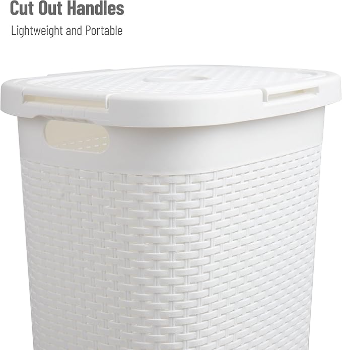 Mind Reader Slim Laundry Hamper with Lid, 60L Clothes Baskets, Premium Wicker Design, Plastic, 2-Pack, White