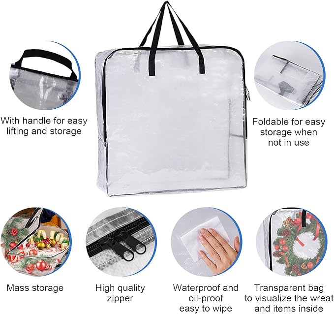 5 Pack 25 inches Wreath Storage Container,Extra Large Transparent Rectangular Ornament Storage Bags,Moving Bags,Perfect for Wreaths,Bedding,Daily necessities,Gifts,Waterproof,Reusable,Foldable