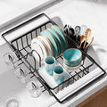 Sakugi Dish Drying Rack in Sink - Expandable Stainless Steel Dish Rack Over The Sink, Kitchen Sink Drain Strainer with Cutlery Holder & Cup Holders, 15.4 x 9.8 x 3.0 Inch, Black