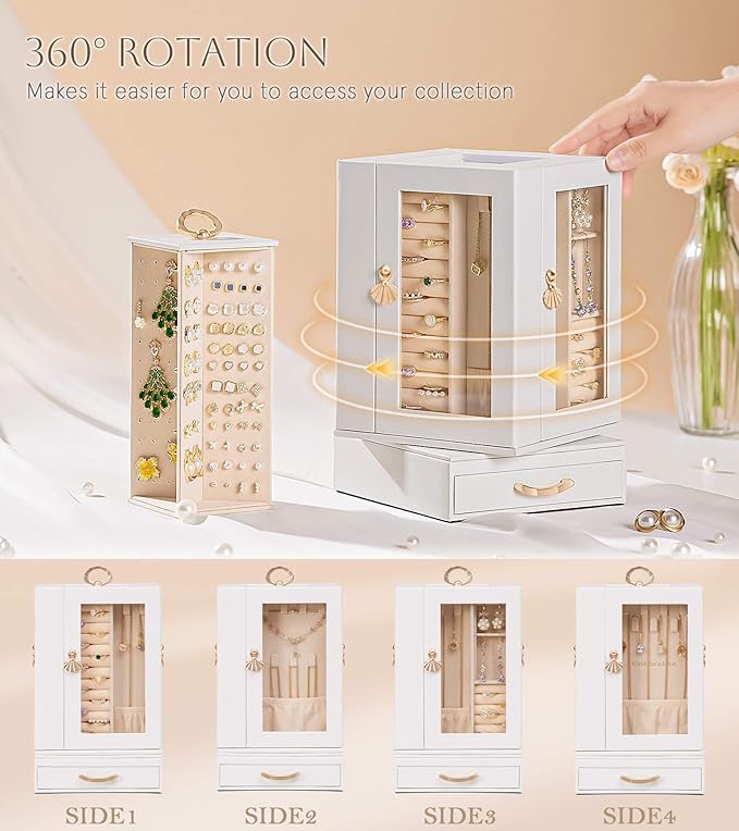 Jewelry Box large for Dresser: Women Necklace Ring Storage Organizer with Compartments - Elegant Earring Holder Display (White)