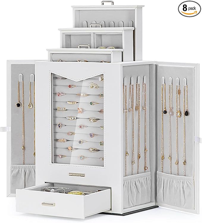 Homde Jewelry Organizer with Transparent Window Necklace Hooks Gift for Women Jewelry Box Display Case for Necklaces Rings Earrings Bracelets and Other Jewelry Accessories (White)