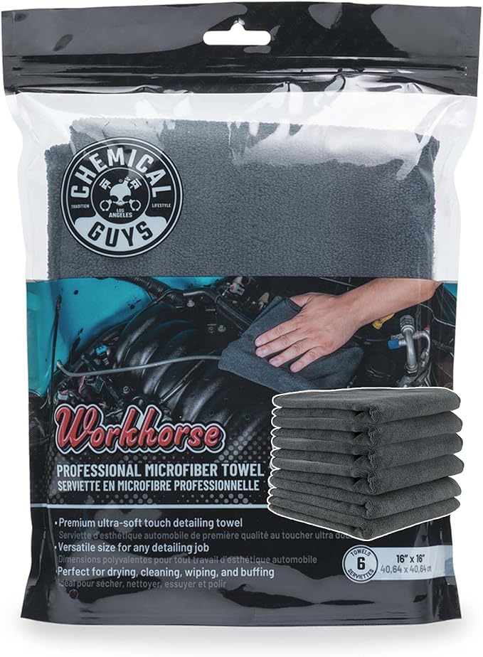 Chemical Guys MIC35306 Workhorse Professional Grade Microfiber Towel, Black (16 in. x 16 in.) (Pack of 6)