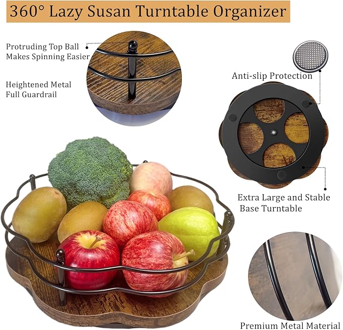 BaiWinlar 13" Lazy Susan Turntable Organizer with Higher Metal Sides, 360° Rotating Wooden Lazy Susan Organization and Storage for Cabinet,Kitchen,Countertop,Table Top,Dining Table,Coffee Bar Decor