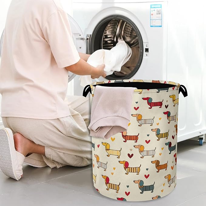 Cute Dachshund Dog Laundry Basket,Foldable with Handles Tote Bag Oxford Cloth for Bathroom Bedroom Dirty Clothes Storage Bucket 16" x 20.8"