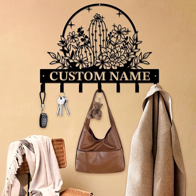 Personalized Custom Name Cactus Wall Keys Hooks,Metal Cactus Art Clothes Hooks,Metal Cactus Lover Wall Home Storage Decorative,For Front Door, Hallway, Kitchen, Bedroom,Keys,Hats (Style A)