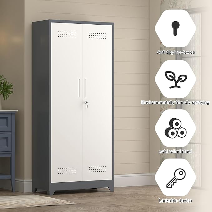 73" H Broom Closet Storage Cabinet, Metal Storage Cabinet with Adjust Shelves,Utility Cabinet,Utility Closet for Garage,Gray-White