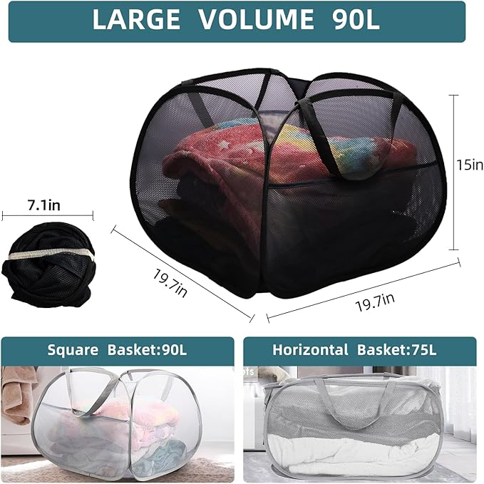 2 Pack Collapsible Laundry Baskets, 90L Large Foldable Laundry Basket, Durable Mesh Pop Up Hampers for Laundry, Dirty Clothes Laundry Hamper for Bedroom, Bathroom, Dorm, Laundry Room, Travel Black