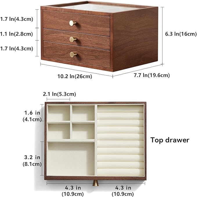 Homruilink Black Walnut Wooden Jewelry Box Women large 3 Layer Drawer Organizer Box with Glass Lid for Necklaces, Watch, Necklace, Ring, Earring Storage - Christmas Gifts