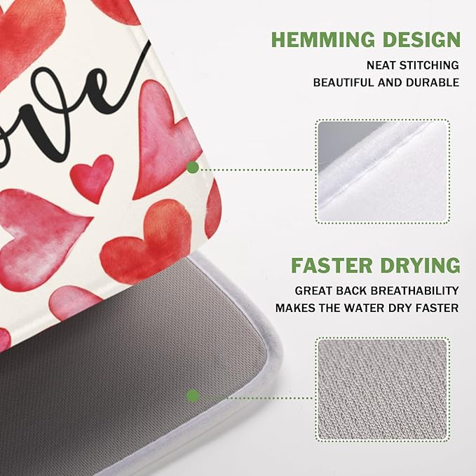 ABSOP Valentine's Day Dish Drying Mat 16 x 18 Inch Heart Shaped Dish Drying Pad Absorbent Microfiber Mats for Red and Pink Dish Rack Pad for Kitchen Counter Coffee Bar Decor