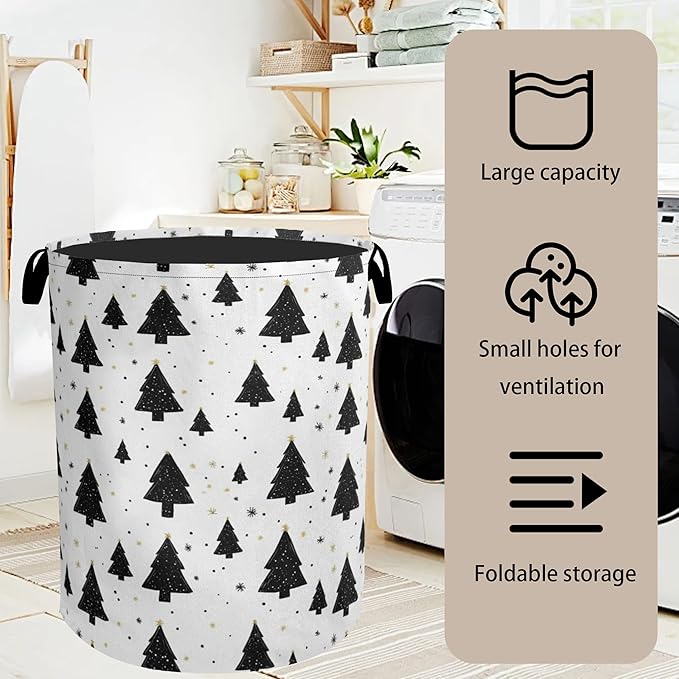 Pine Tree Stars Foldable Canvas Laundry Basket with Handles - Toy Organizer, Heavy Duty for Home，Bedroom, Dorm, Bathroom