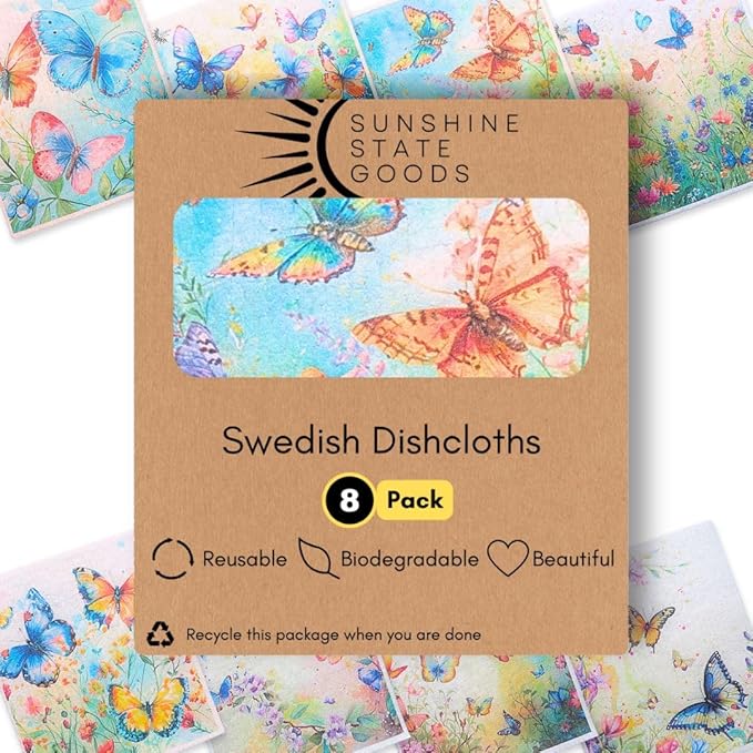 Sunshine State Goods Swedish Dishcloths for Kitchen - Ecofriendly Reusable Paper Towels, Biodegradable Dish Cloths - Cellulose Sponge Dish Cloths for Washing Dishes - 8 Pack (Butterfly)