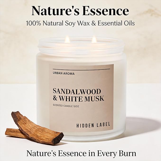 Sandalwood White Musk Scented Candle, 12oz Natural Soy Wax, 2 Wick Aromatherapy Candles for Home, 70Hours Burn Time, Non Toxic, Clean Burn, Gifts for Women, Yoga, Stress Relief, Relaxation