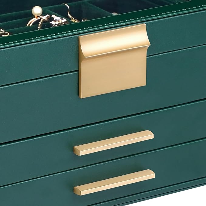 Jewelry Box Organizer for Women,3 Layers PU Leather Jewelry Storage Display Box with Glass Lid,Gift for people,3 Drawers,Large Capacity for Necklace Earrings Bracelets Rings, Dark Green