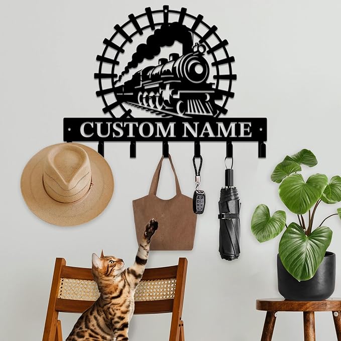 Personalized Train Metal Keys Hooks,Custom Name Metal Train Keys Hooks,Black Metal Train Wall Home Storage Decorative Keys Hooks,Key Holder Hooks for Wall (Style B)