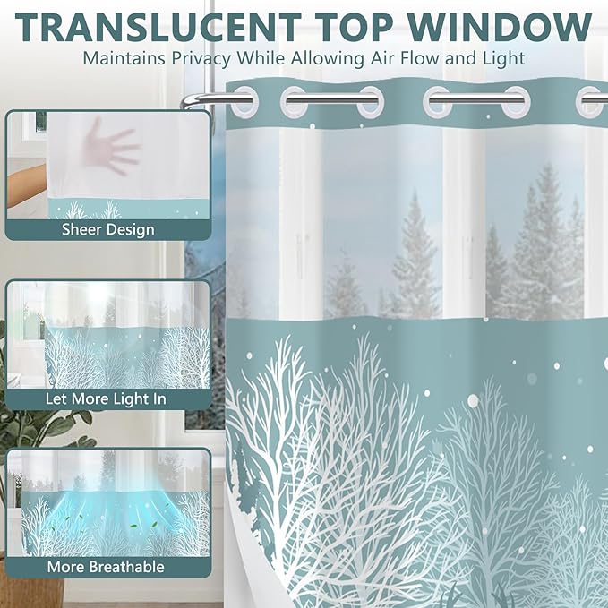 No Hook Reindeer Christmas Shower Curtain with Snap in Liner, Waterproof Winter Shower Curtain with Sheer Top Window, Snowy Forest Holiday Shower Curtains for Bathroom, 71x74 Inches