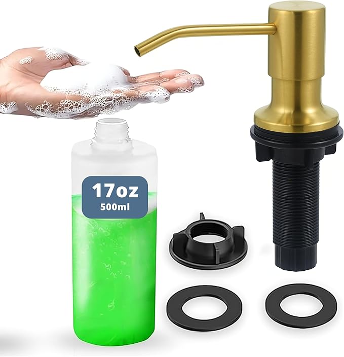 SBEN Built-in Kitchen Sink Soap or Lotion Dispenser Set, Stainless Steel, Gold Brushed Pump, 17 oz PET Bottle, Durable ABS Head, 360° Rotation (Gold Brushed)
