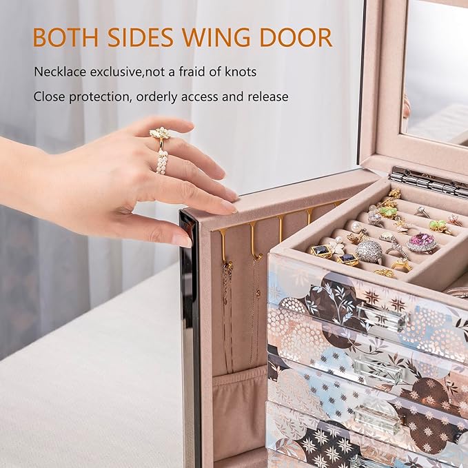 High End Glass Jewelry Box - 5 Layer Jewelry Organizer with 2-Sided Doors and Mirror - Velvet-Lined Organizer For Ring, Necklace, Earring, Bracelet Storage - Valentine's Day Gift For Women